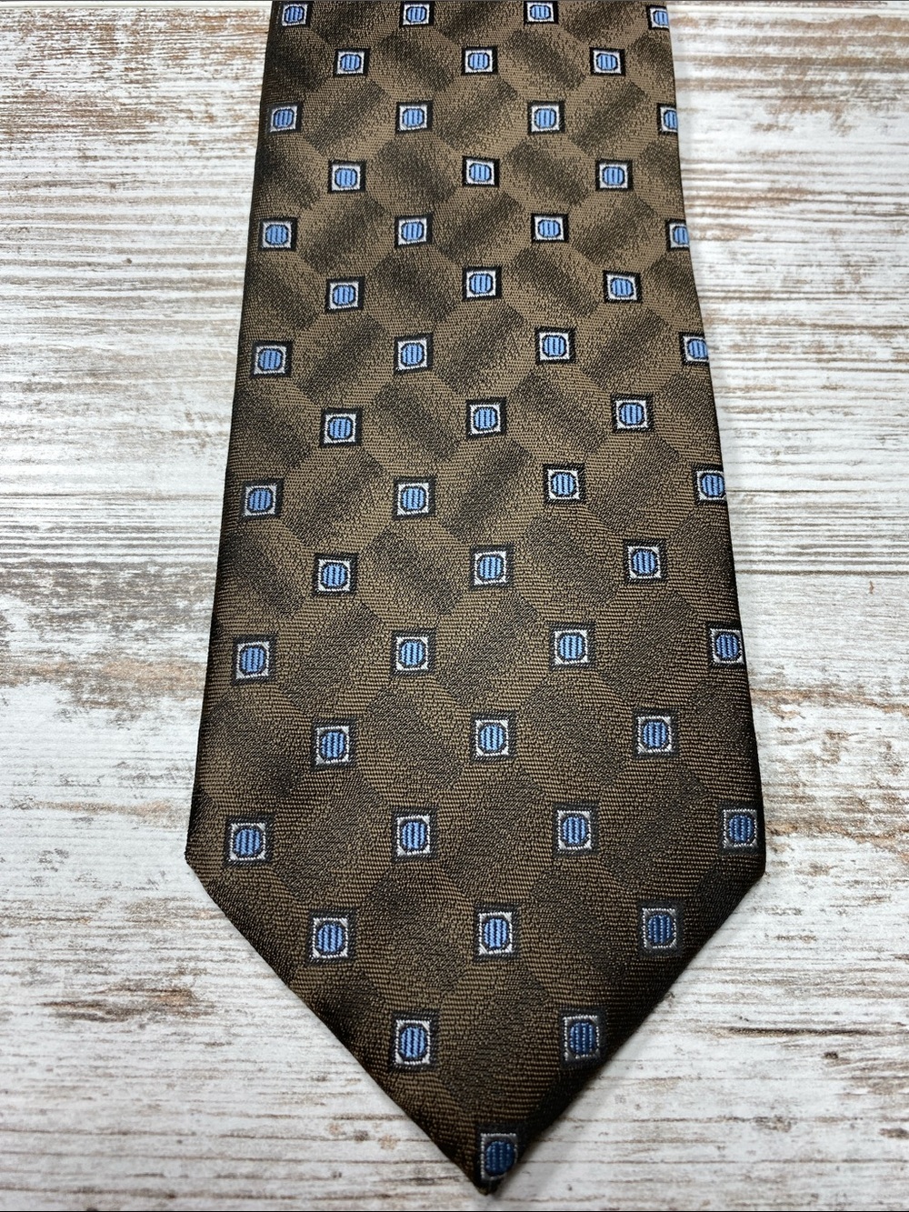 Stafford Essentials Silk Look Brown Geometric Pattern Tie Blue Square Necktie